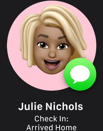 A memoji with Messages icon indicating Check In