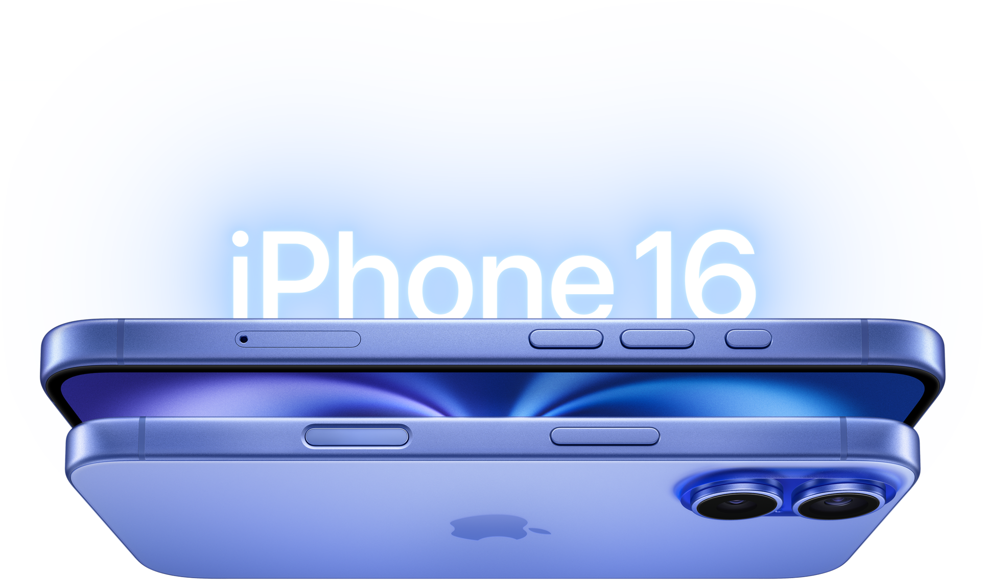 两款群青色 iPhone 16 机型，展示侧面外观、侧边按钮、凸起的双摄系统。