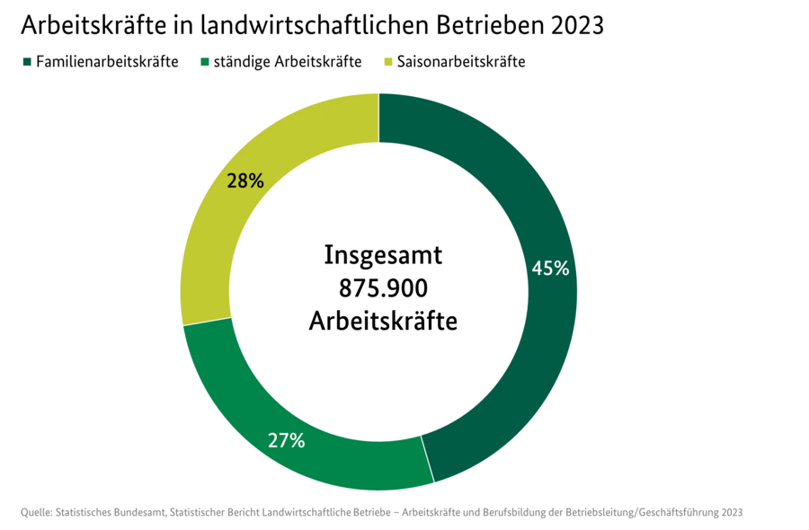 Kreisdiagramm: Arbeitskräfte in landwirtschaftlichen Betrieben (Familienarbeitskräfte, Ständige Arbeitskräfte und Saisonarbeitskräfte)