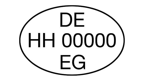 ovaler Kreis mit Ziffern und Buchstaben, oben DE für Deutschland; Mitte HH für Hamburg, daneben die Betriebsnummer; Unten EG für Europäische Gemeinschaft