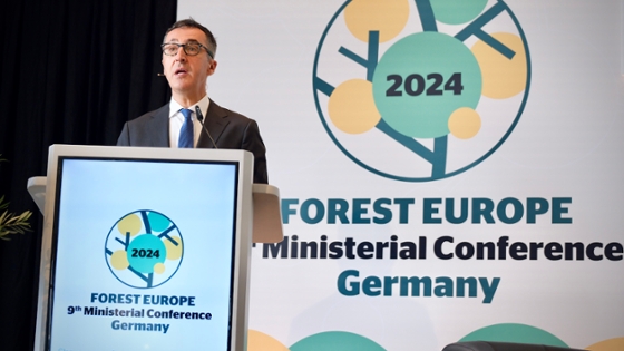 Bundesminister Cem Özdemir am Rednerpult, davor und dahinter das Logo der Forest Europe Ministerial Conference Germany 2024