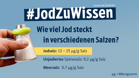 Grafik zur Frage:  Wie viel Jod steckt in verschiedenen Salzen? - Jodsalz 15 - 25 Mikrogramm/Gramm, Unjodiertes Speisesalz 0.2 Mikrogramm/Gramm, Meersalz 0,7 Mikrogramm/Gramm