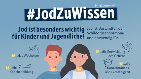 Grafik mit Text: Jod ist besonders wichtig für Kinder und Jugendliche. Jod ist Bestandteil der Schilddrüsenhormone und notwendig für: Wachstum, Knochenbildung, Gehirnentwicklung, Konzentrations- und Lernfähigkeit