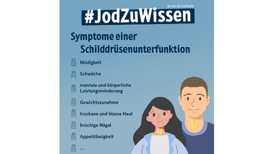 Grafik mit Text: Symptome einer Schilddrüsenunterunfunktion - Müdigkeit, Schwäche, mentale und körperliche Leistungsminderung, Gewichtszunahme, trockene und blasse Haut, brüchige Nägel, Appetitlosigkeit...