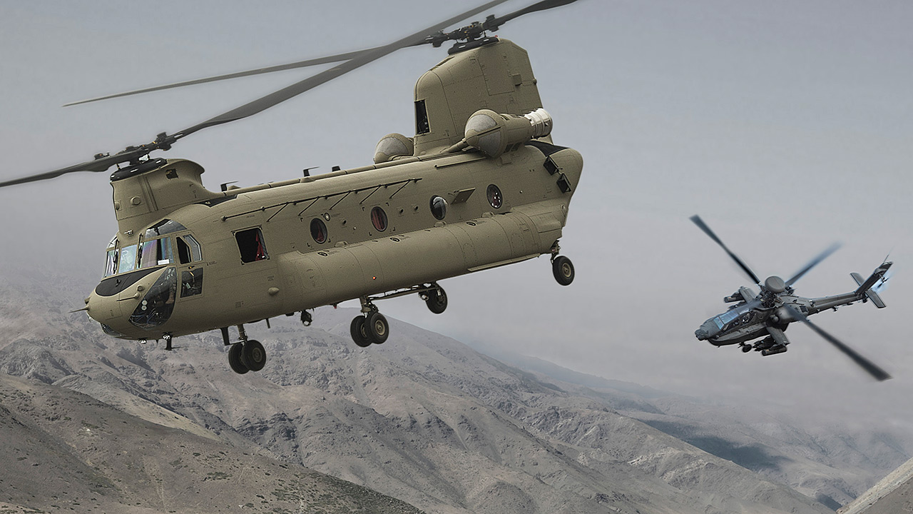 Chinook and Apache rotorcraft in flight