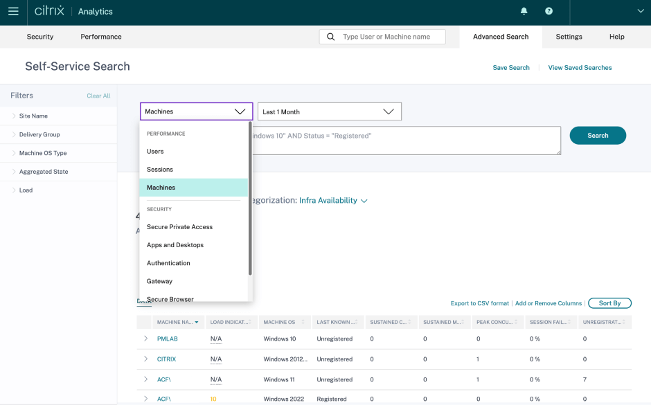 Citrix Analytics for Performance detailed search insights