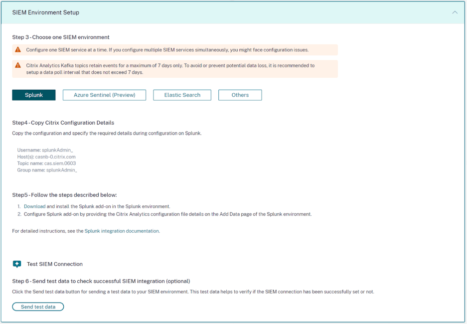 Citrix Analytics for Security SIEM integrations dashboard