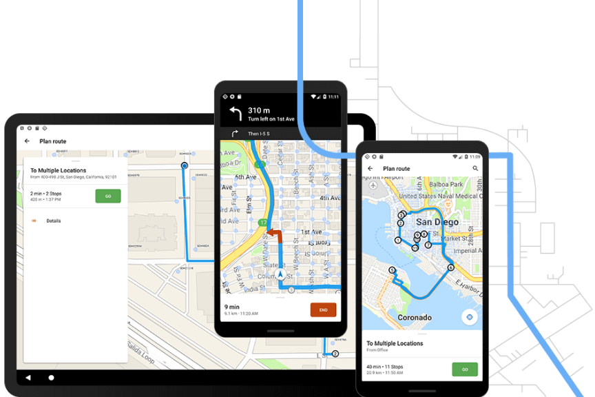 Graphic of two mobile phones and a tablet, all displaying app data on road debris reporting, vineyard scouting, and aerial pipeline patrol