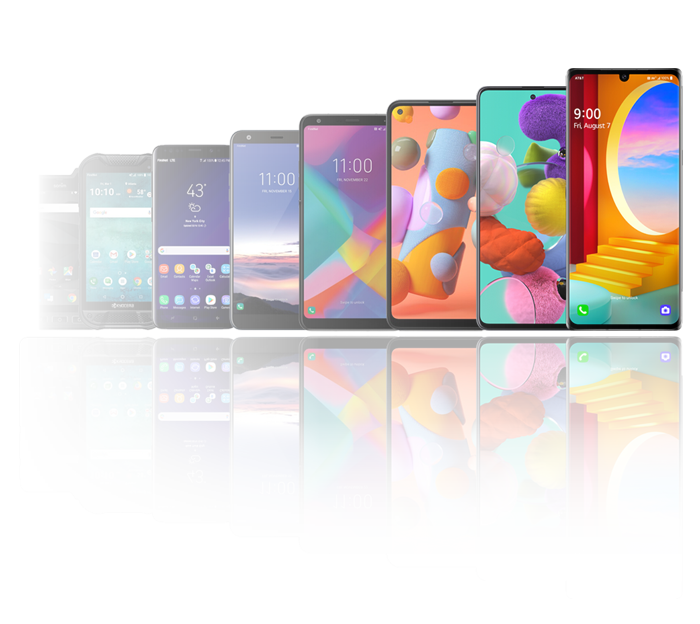 Fanned display of phones rising in size from left to right.