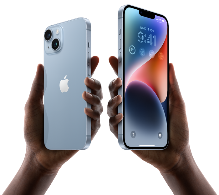 Two hands holding two Apple iPhone 14 smartphones (one showing back of iPhone 14 with camera and other, an iPhone 14 Plus, showing front screen)