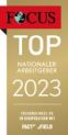 Logo "FOCUS Top Nationaler Arbeitgeber 2023 - Deutschlands beste Arbeitgeber im Vergleich in Kooperation mit FactField"