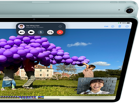 iPad Air with 12MP Ultra Wide front camera showing SharePlay feature in FaceTime