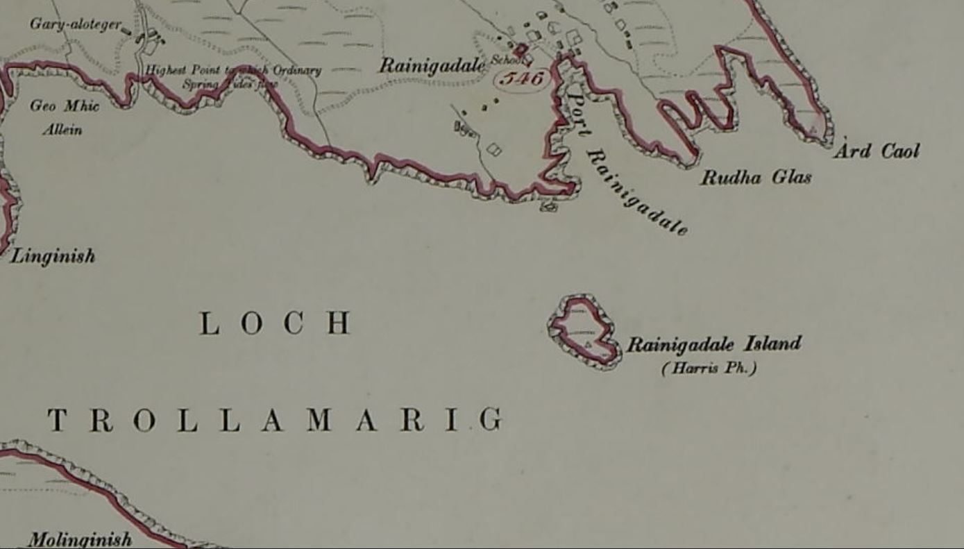 Detail of the plan showing the village and the school from Inland Revenue Survey map of Reinigeadal village