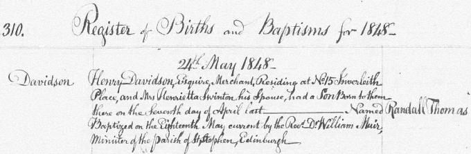 Birth and baptism entry for Randall Davidson