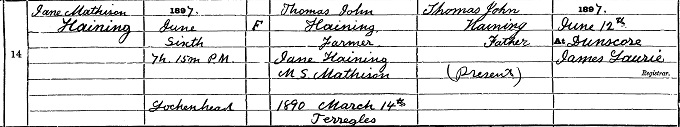 Birth entry for Jane Haining