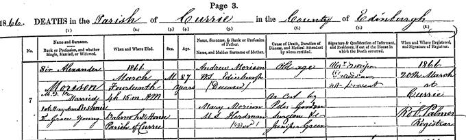 Death entry for Sir Alexander Morison