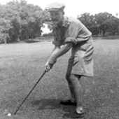 Photograph of Edward Lee concentrating while playing golf at Royal Calcutta Golf Club, Tollygunge, Calcutta, West Bengal, India, 1942 (Crown Copyright, National Records of Scotland, GD391/103/11/1)