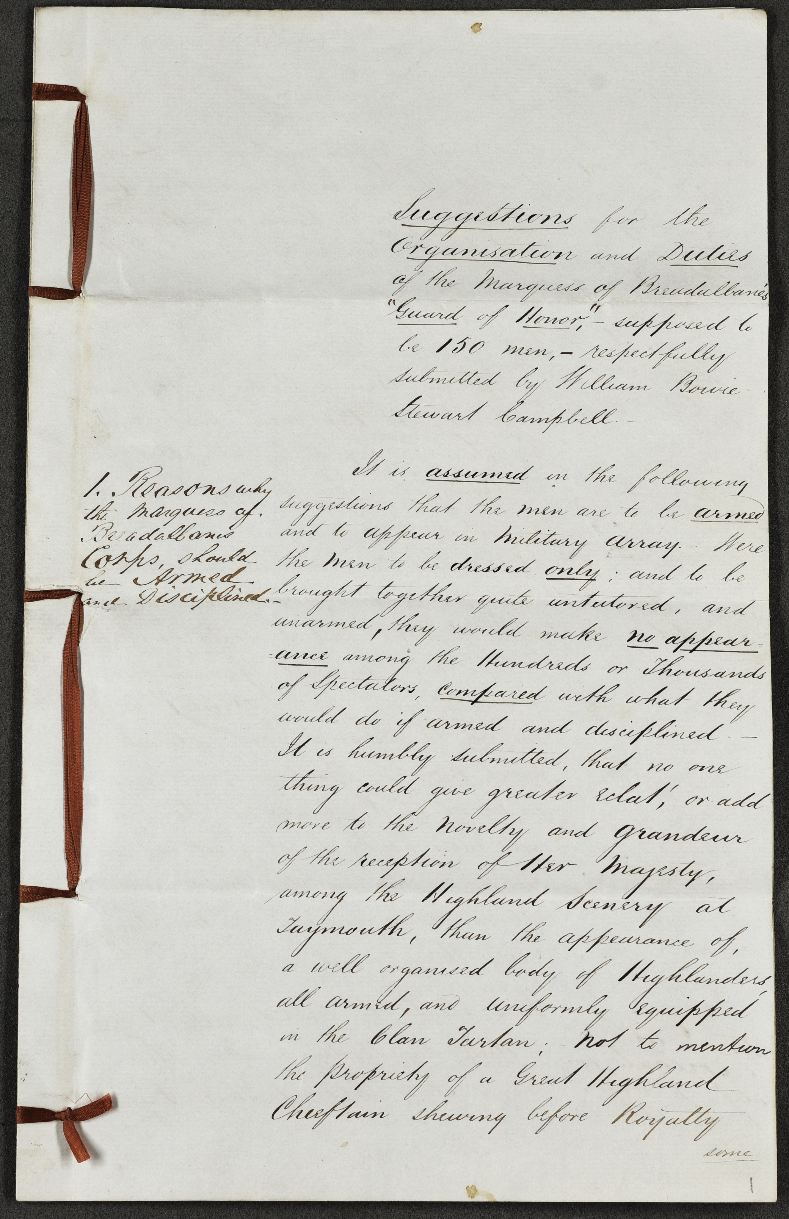 Plans for the Guard of Honour for receiving Queen Victoria and Prince Albert at Taymouth Castle, September 1842