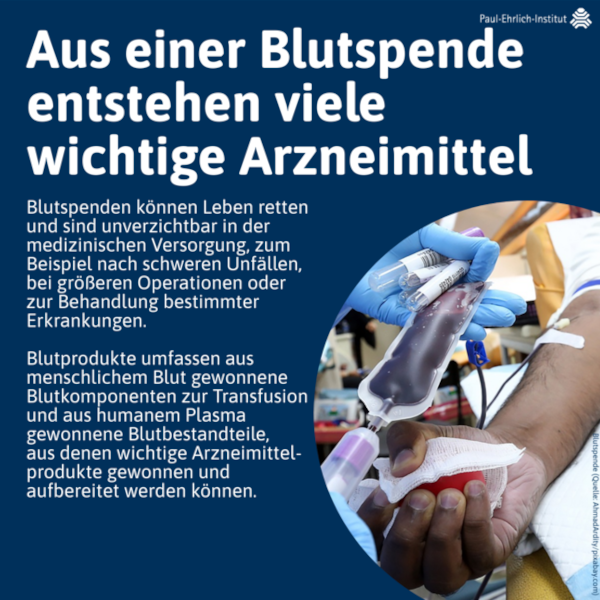 Infografik Weltblutspendetag 2023 (verweist auf: Aus einer Blutspende entstehen viele wichtige Arzneimittel)