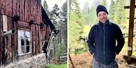 Links ein Foto einer verwitterten Holzhütte, rechts ein Foto eines Manns mit Mütze im Wald