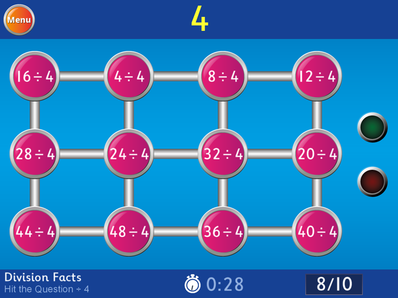 Division Facts - Hit the Question ÷ 4 Game