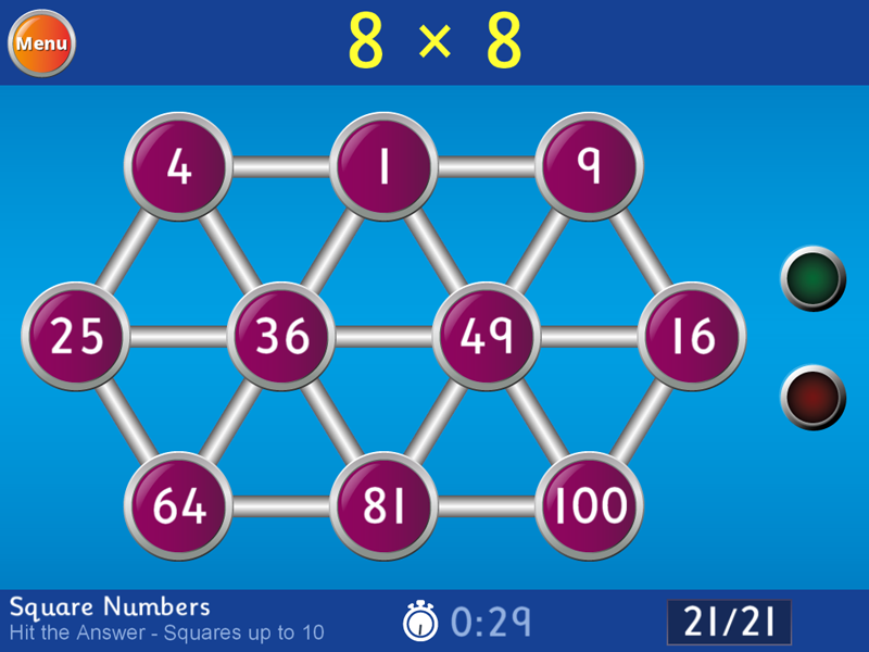 Square Numbers - Hit the Answer - Squares up to 10 Game