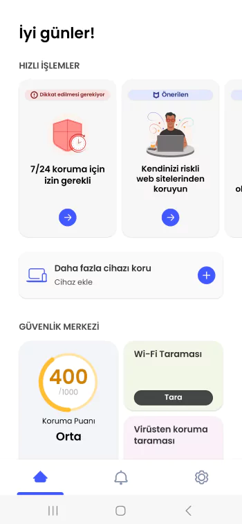 McAfee uygulamasının bir cep telefonundan ekran görüntüsü