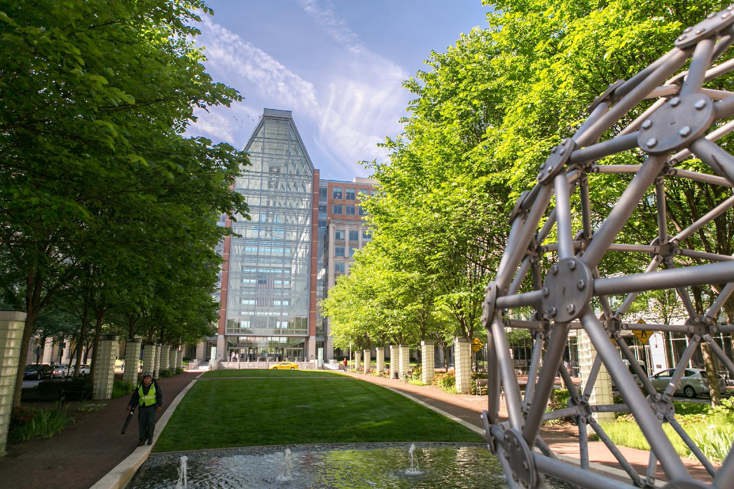 landscape perspective view of USPTO Madison Building with soaring glass atrium