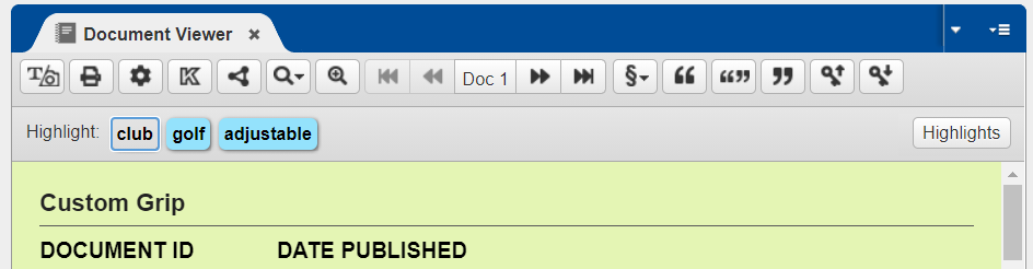 Screenshot of the Patents Public Search document viewer tool showing the buttons for highlighted terms