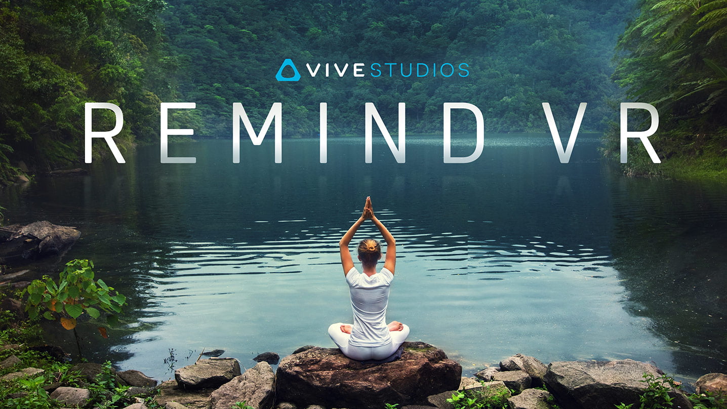 Scene of Remind VR. VR meditation. Woman meditating and facing a lake. Virtual reality.