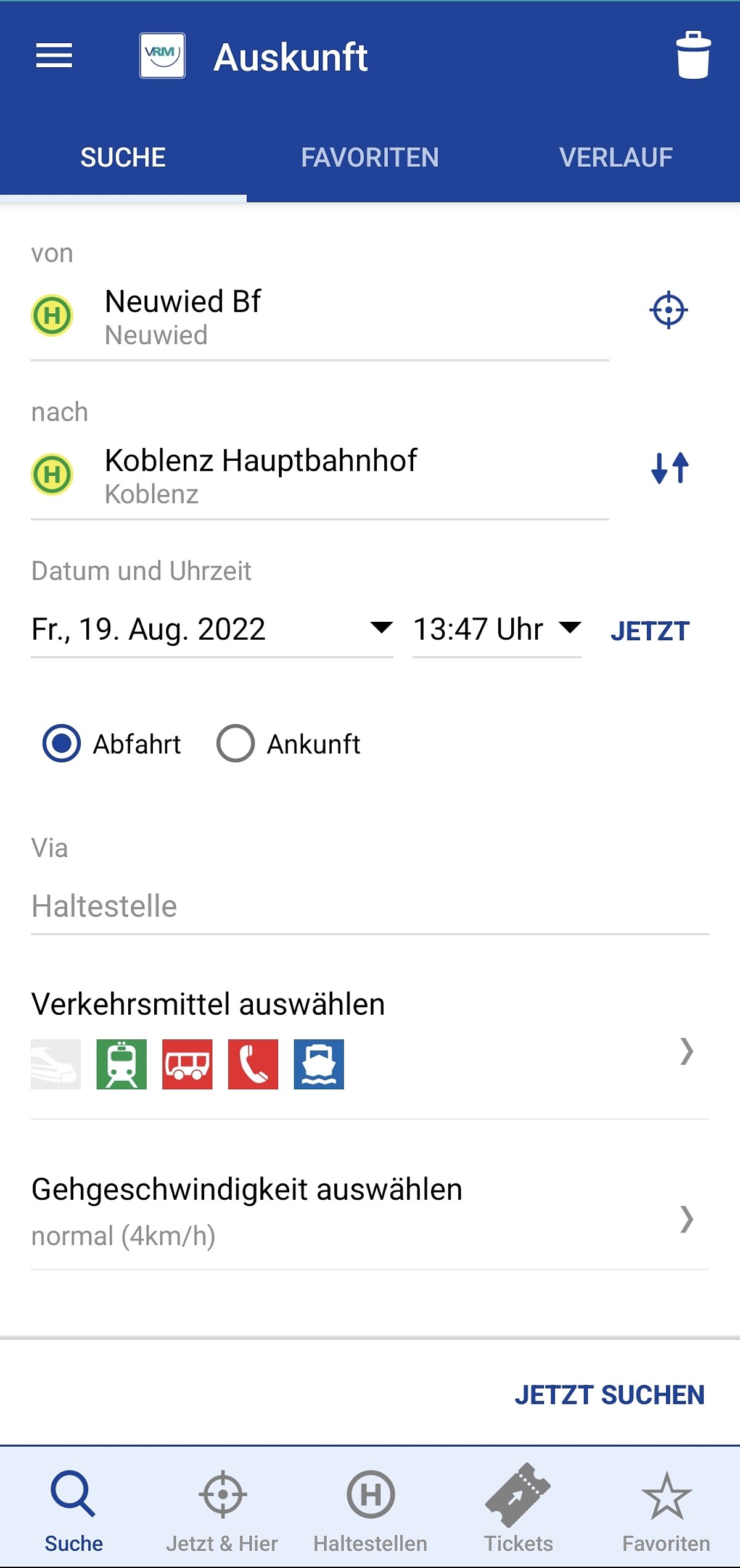 Eingabemaske der VRM Fahrplan App