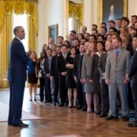 President Barack Obama talks with the Presidential Early Career Award for Scientists and Engineers (PECASE) recipients in the East Room of the White House, April 14, 2014.  (Official White House Photo by Pete Souza)