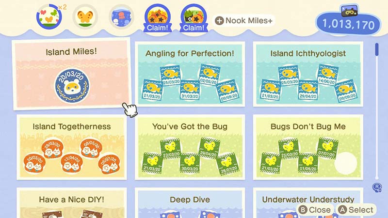 (Animal Crossing NH Nook Miles Menu Image)