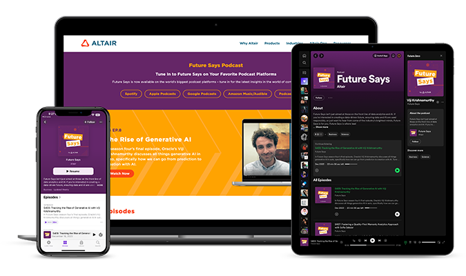 A laptop, tablet and mobile device displaying the Future Says podcast streaming on multiple platforms and apps.