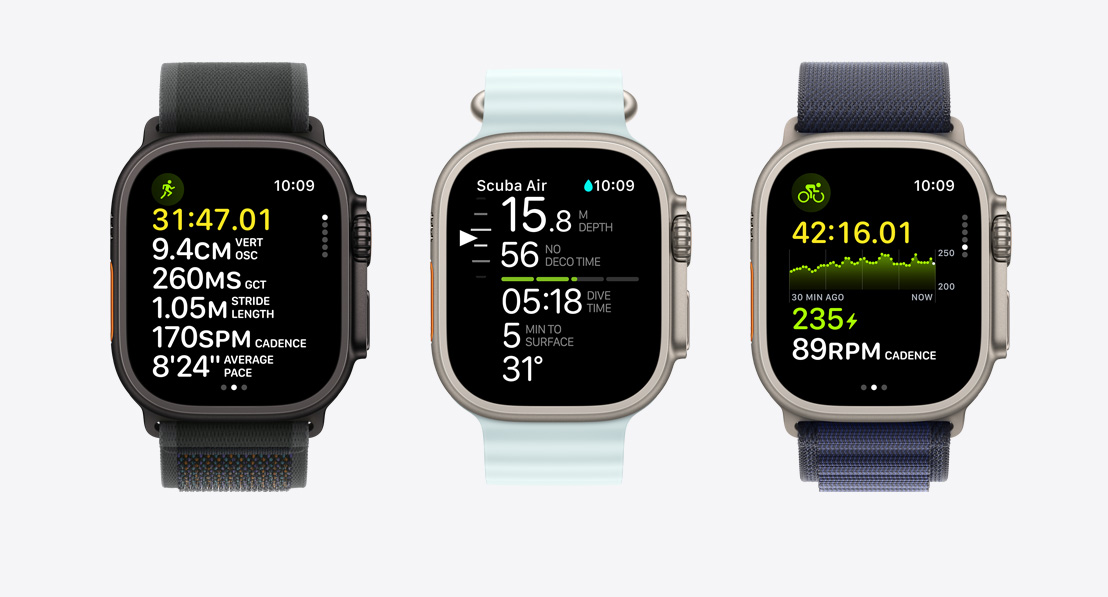 Three Apple Watch screens showing fitness metrics. One for running, one for scuba diving and one for cycling.