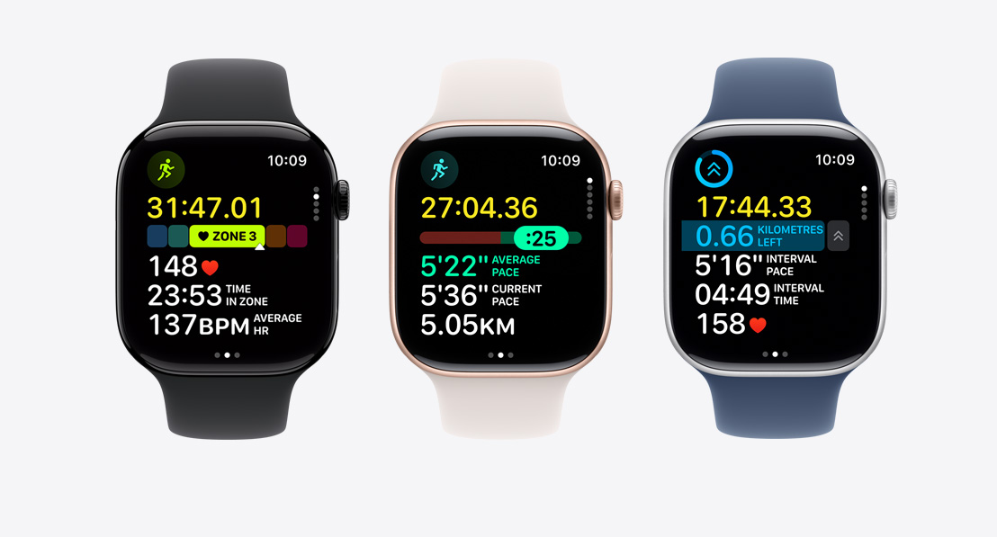 Three Apple Watch Series 10. The first shows Heart Rate Zones in a workout, the second shows Pacer, and the third shows a customised workout with intervals.