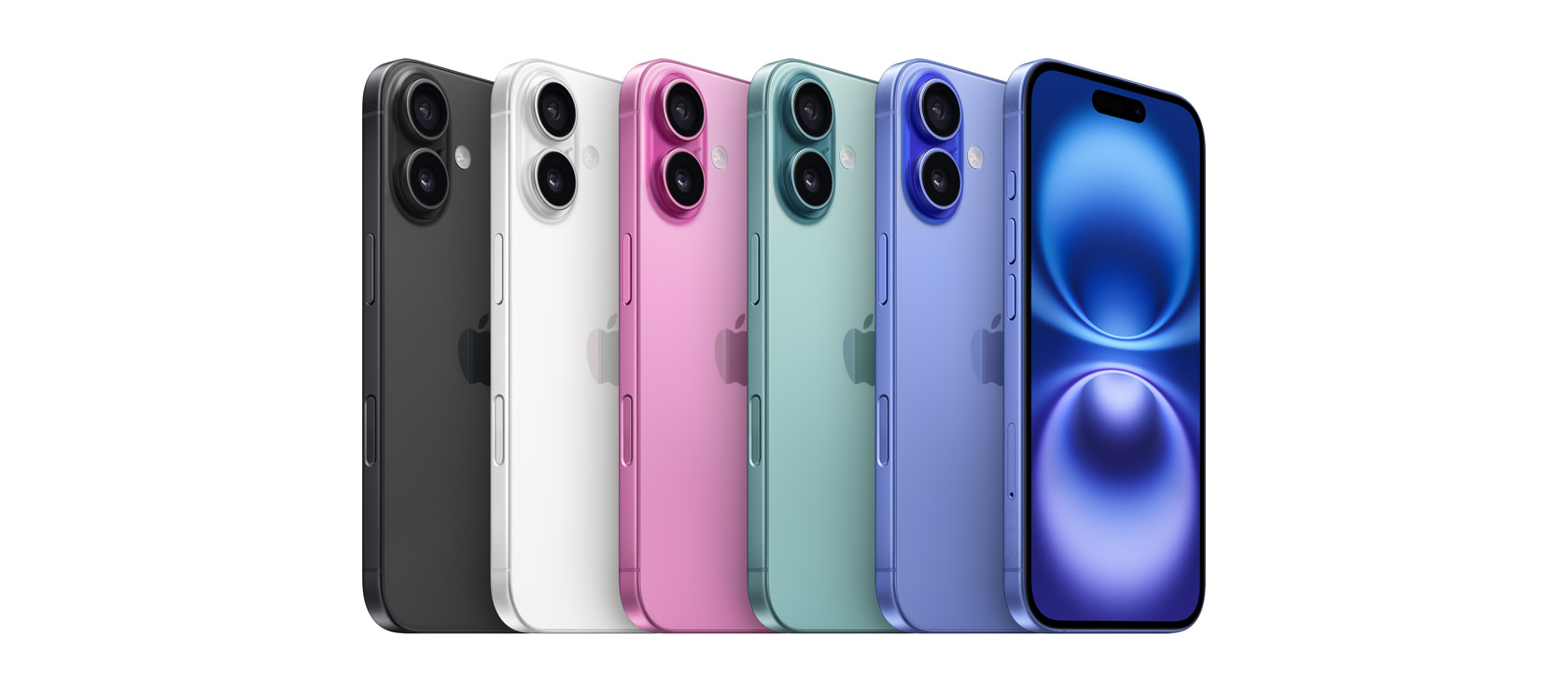 Imagem da parte de trás do iPhone 16 nas cinco cores, preto, branco, rosa, verde-acinzentado e ultramarino, e imagem da parte da frente do iPhone 16 em ultramarino