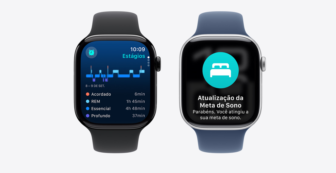 Dois relógios Apple Watch Series 10. O primeiro mostra dados de Estágios do Sono.