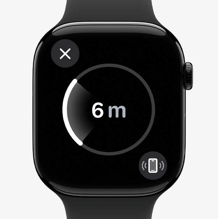 A tela do recurso Busca Precisa em um Apple Watch Series 10 mostrando que o iPhone conectado ao relógio está a sete metros de distância.