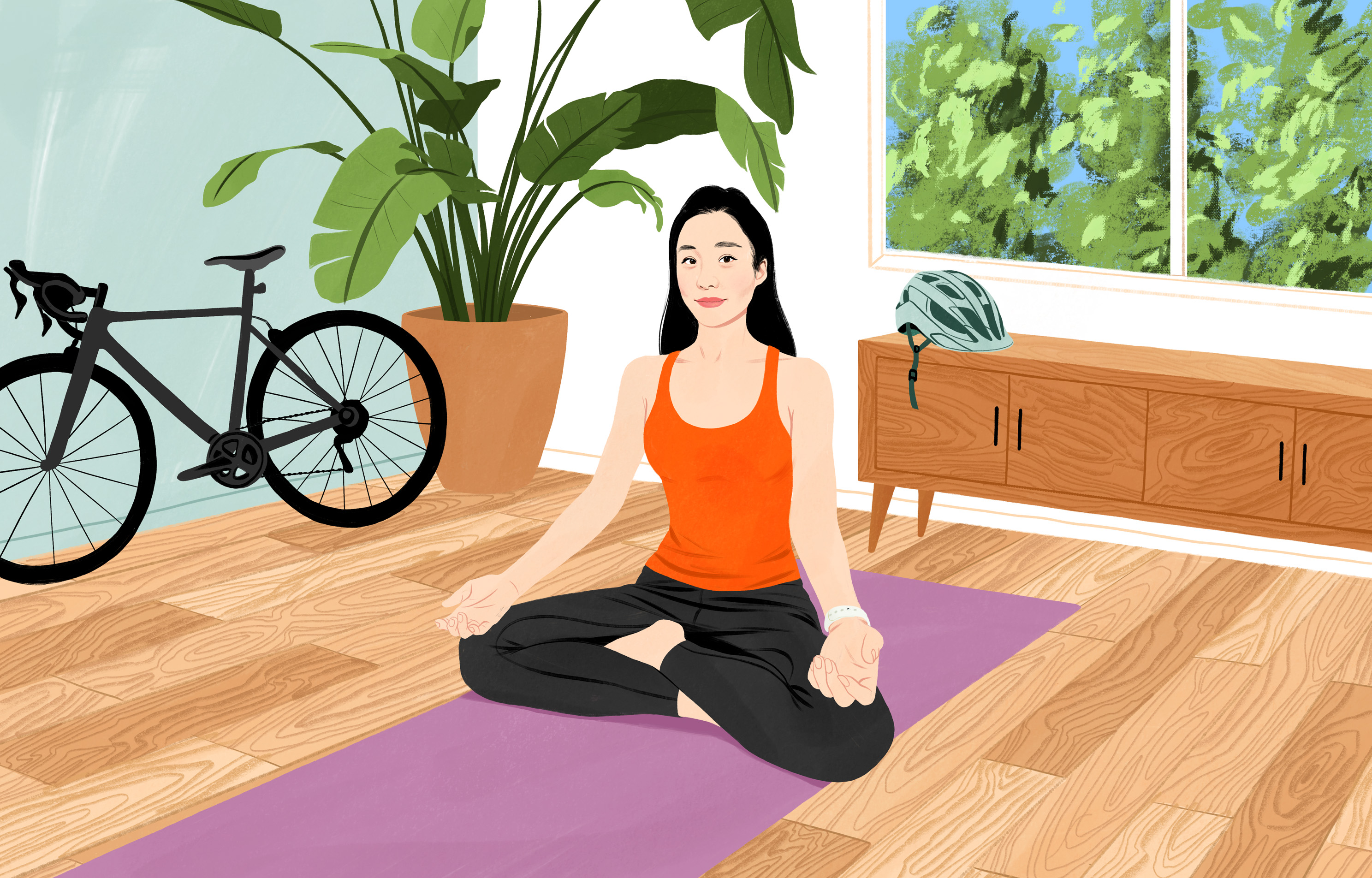 Moony smiling as he begins meditating while sitting cross-legged on the floor in her home.