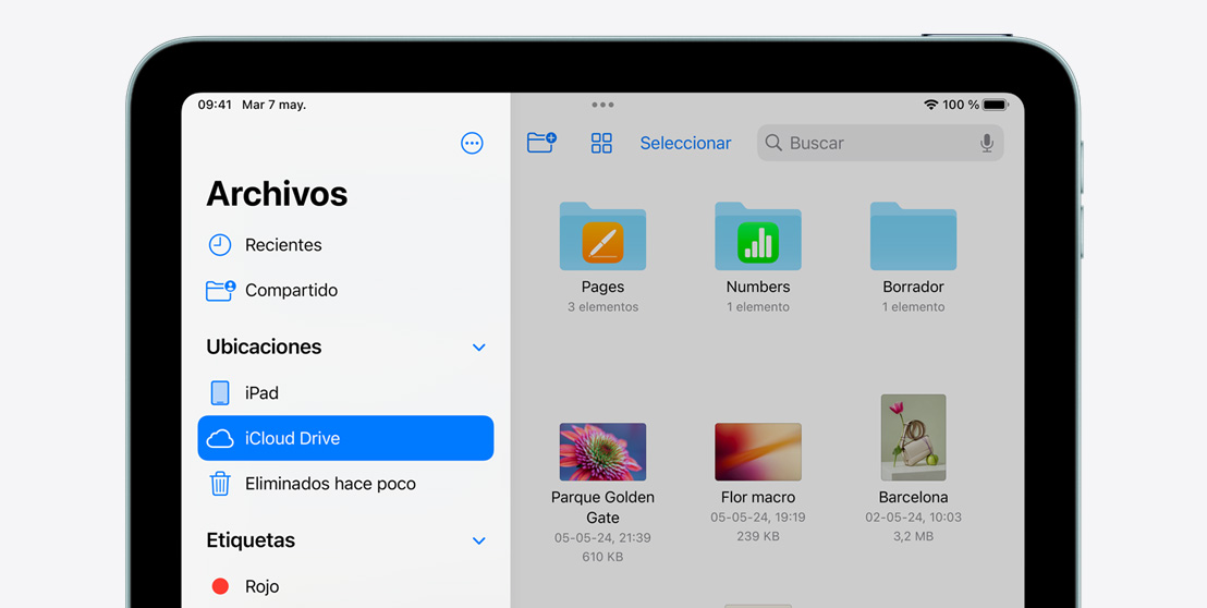 Un iPad Air muestra la app Archivos.