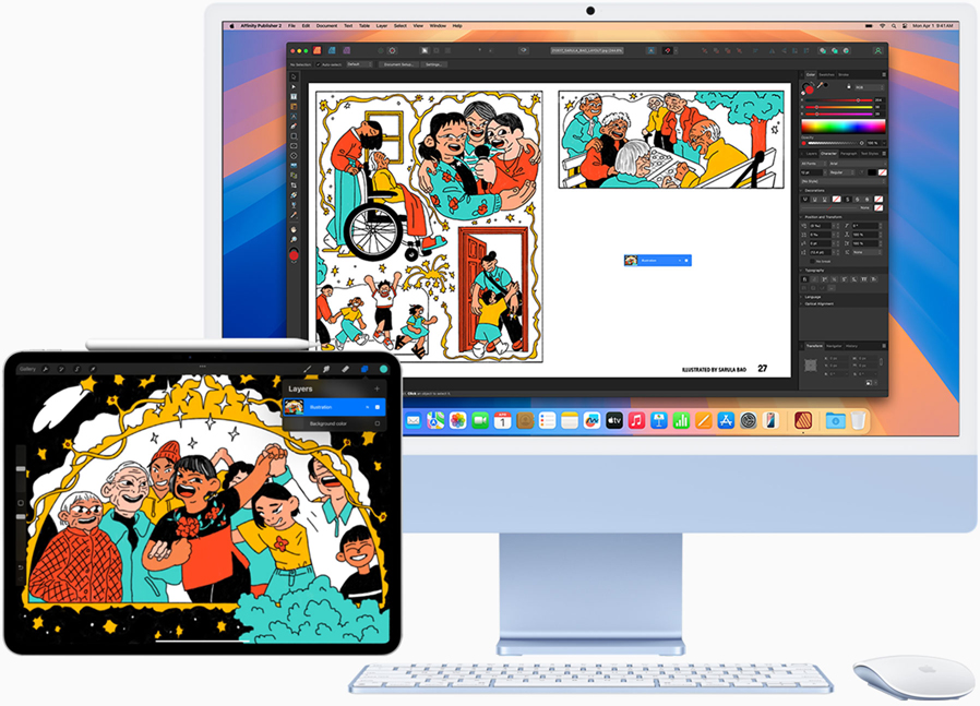 Un iPad Pro de 12.9 y una iMac muestran el proyecto creativo de una persona. El proyecto principal está en la iMac y el iPad está funcionando como pantalla secundaria.