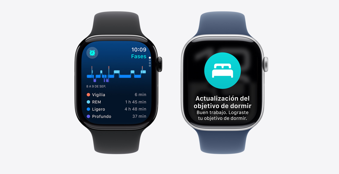 Dos Apple Watch Series 10. El primero muestra los datos de Fases del Sueño. El segundo muestra una notificación de Posible Apnea del Sueño.