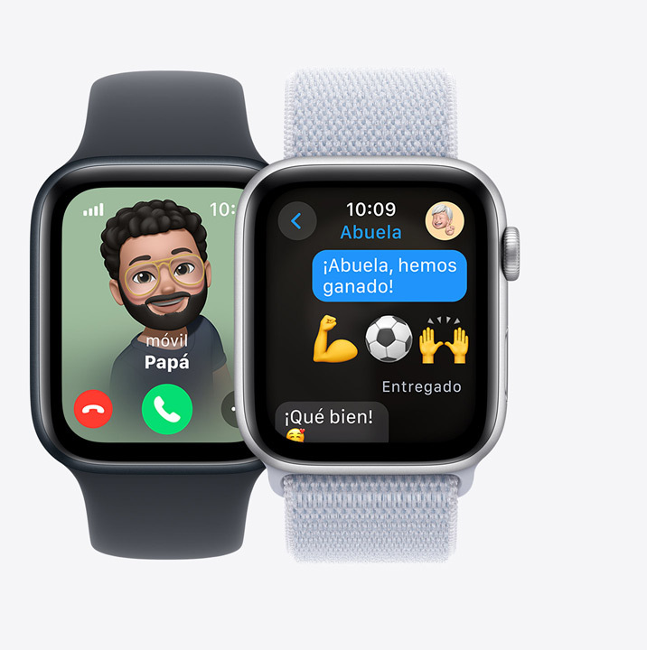 Dos modelos de Apple Watch SE, uno con una llamada entrante de un padre y otro con un mensaje en el que pone «¡Abuela, hemos ganado el partido!».