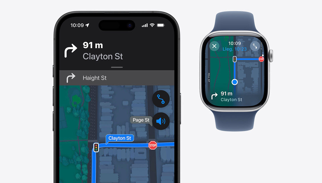 Un iPhone y un Apple Watch con indicaciones paso a paso para llegar a un lugar.