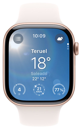 La pantalla de un Apple Watch muestra la app Tiempo