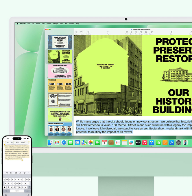 iMac i grønn og iPhone side om side. Tekst fra Notater-appen på iPhone blir kopiert og limt inn på iMac