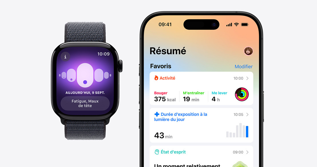 Une Apple Watch Series 10 affichant l’app Suivi de cycle et un iPhone 16 Pro avec l’app Santé affichant des informations provenant de Suivi de cycle