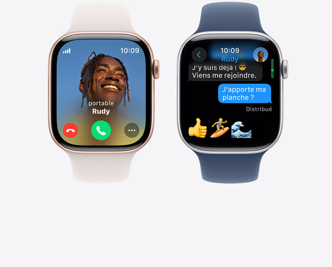 Vue de face de deux Apple Watch Series 10 affichant un appel et un SMS.