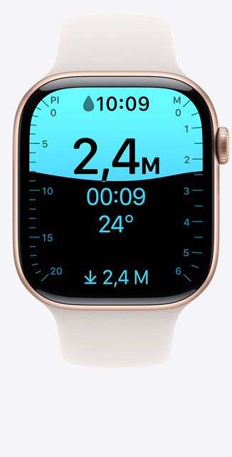 Vue de face d’un écran de l’app Profondeur sur une Apple Watch Series 10 montrant une plongée à 2,70 m.